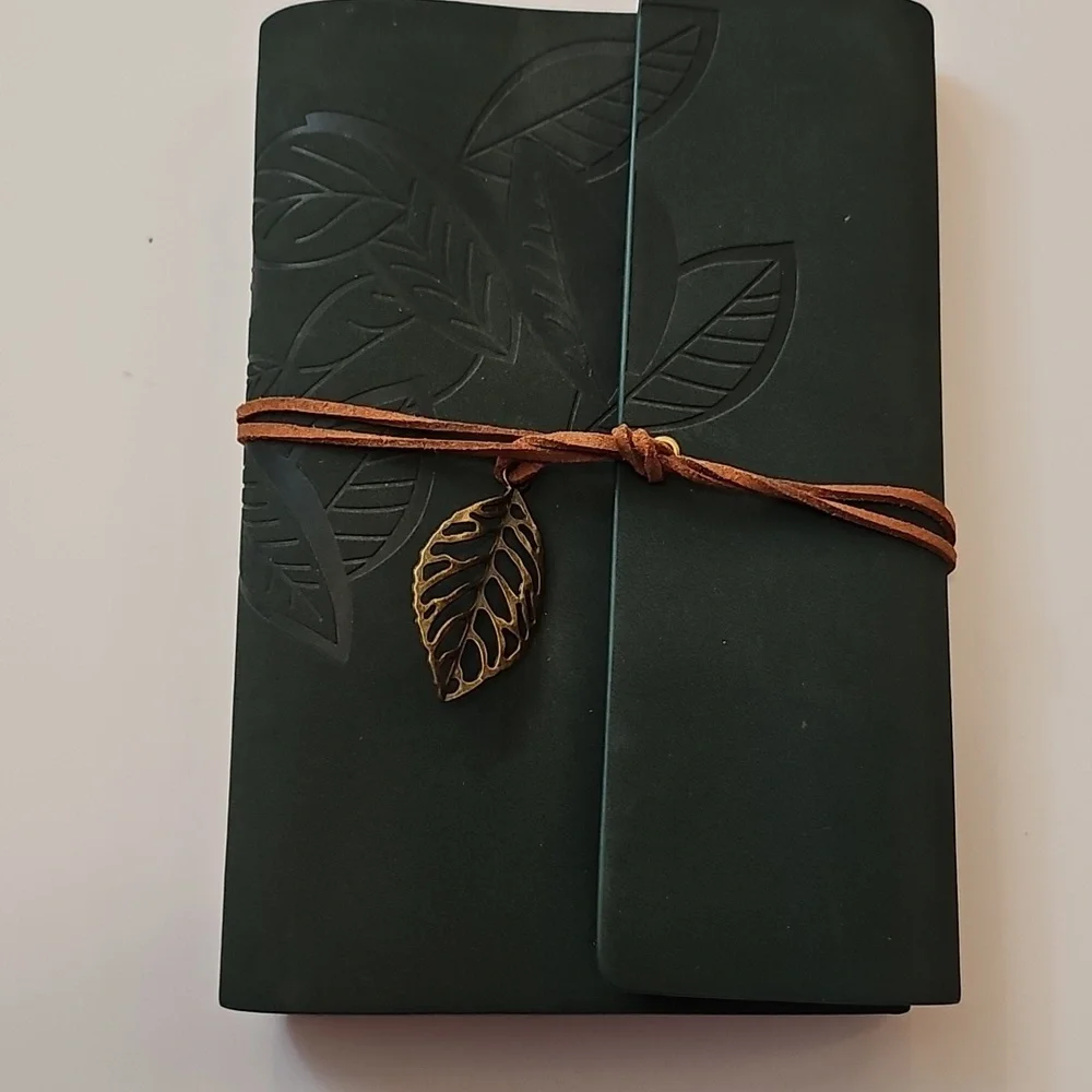 Green Leaf Embossed Faux Suede Leather Journal with Leaf Charm Emerald Green